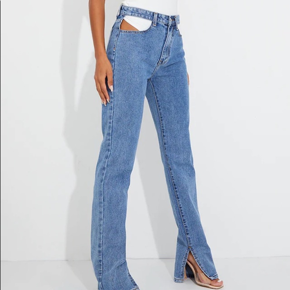 Mid Blue Wash Cut Out Hip Split Hem Jeans